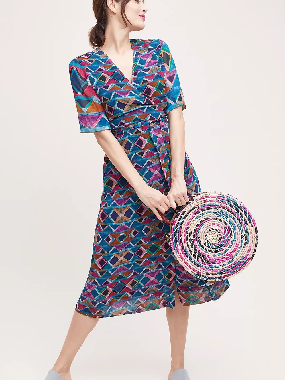 Anthropologie Multicolor Geometric Wrap Dress - Blue Pattern